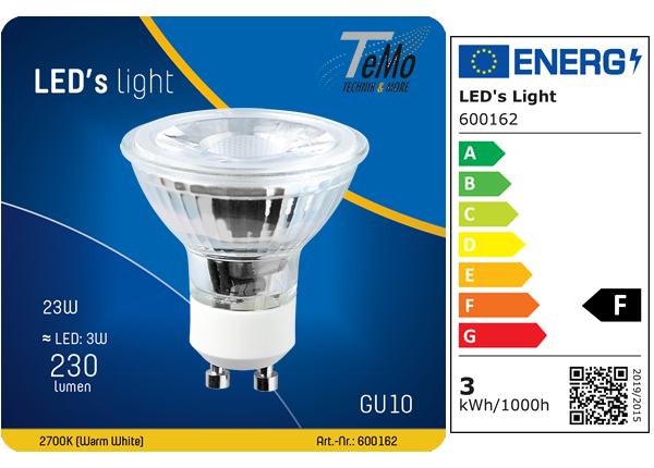 1 STÜCK (VPE) SHADA LED Spot GU10 260lm 3W, Warmweiss 2700K, MR16 klar, EEC: F (600162)